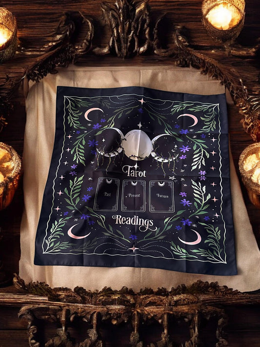 Past, Present & Future Moon Tarot Reading Altar Cloth – Witchy Divination Mat - Pagan Green Witch Wicca