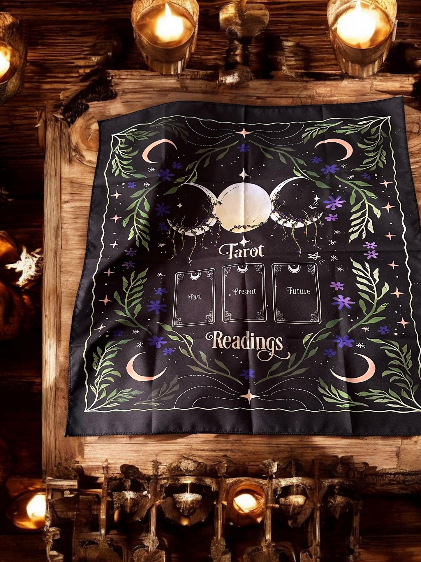 Past, Present & Future Moon Tarot Reading Altar Cloth – Witchy Divination Mat - Pagan Green Witch Wicca