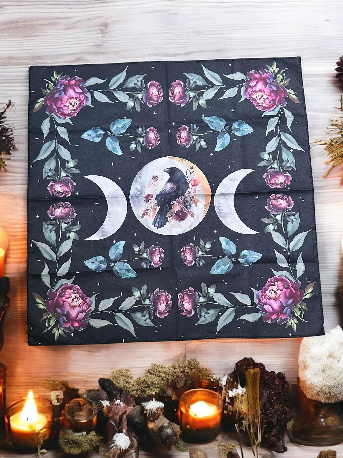 Crow Raven Black Altar Cloth Purple Roses – Wiccan, Pagan, Witchcraft Decor Baby Witch Gift