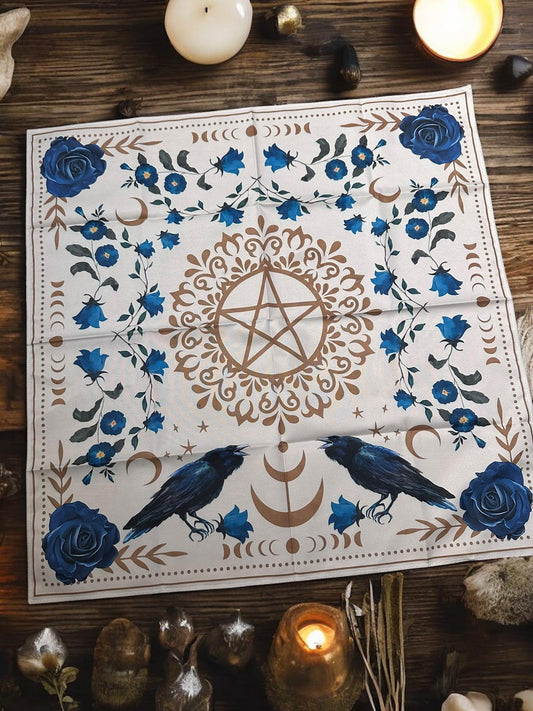 Raven Altar Cloth – White with Blue Flowers  Witchy Divination Mat - Pagan Green Witch Wicca Tarot Readings