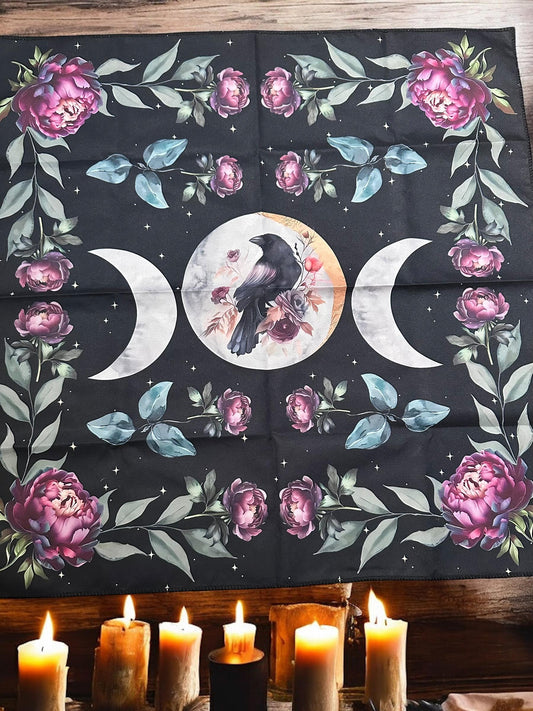 Crow Raven Black Altar Cloth Purple Roses – Wiccan, Pagan, Witchcraft Decor Baby Witch Gift