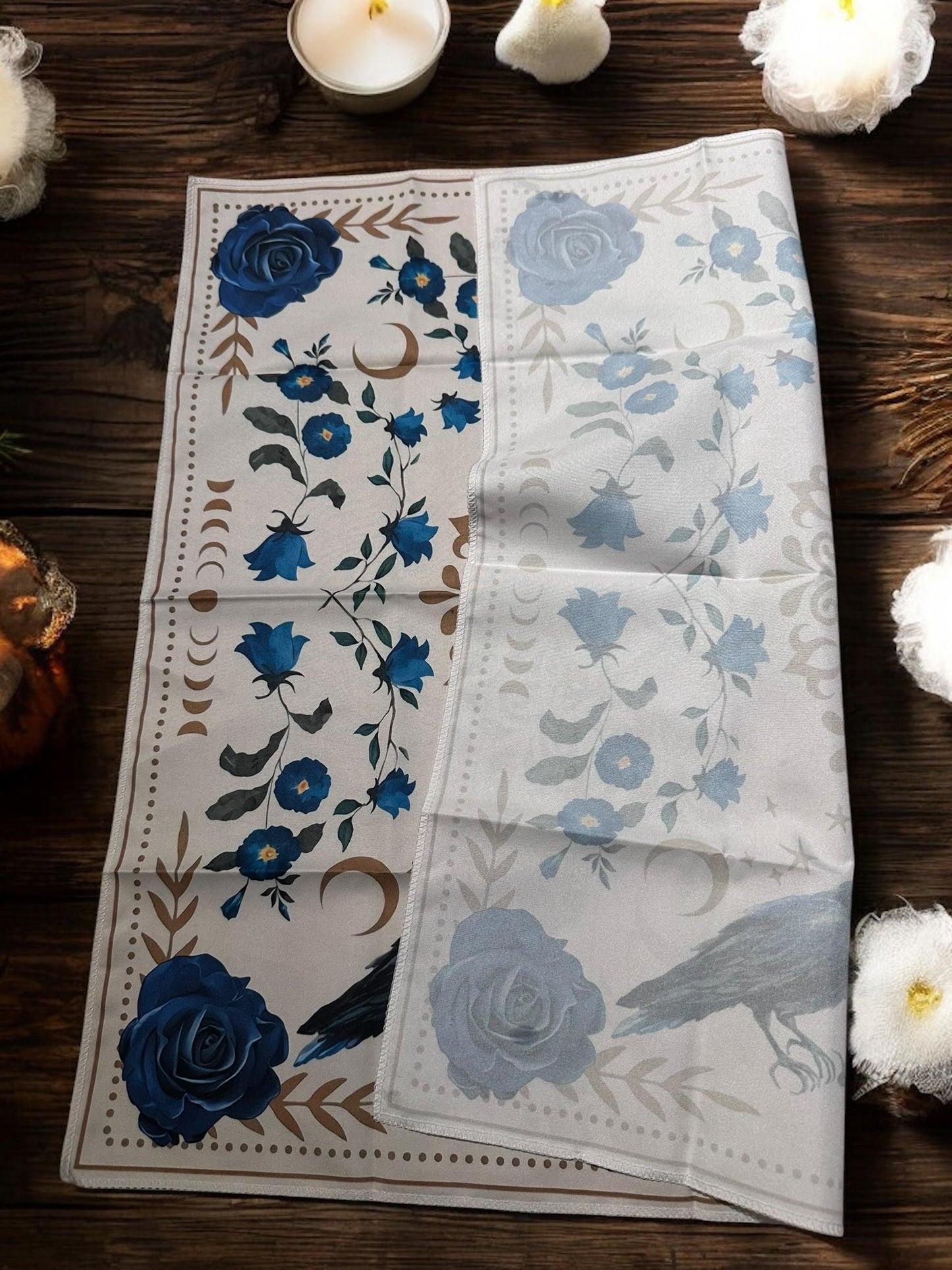 Raven Altar Cloth – White with Blue Flowers  Witchy Divination Mat - Pagan Green Witch Wicca Tarot Readings