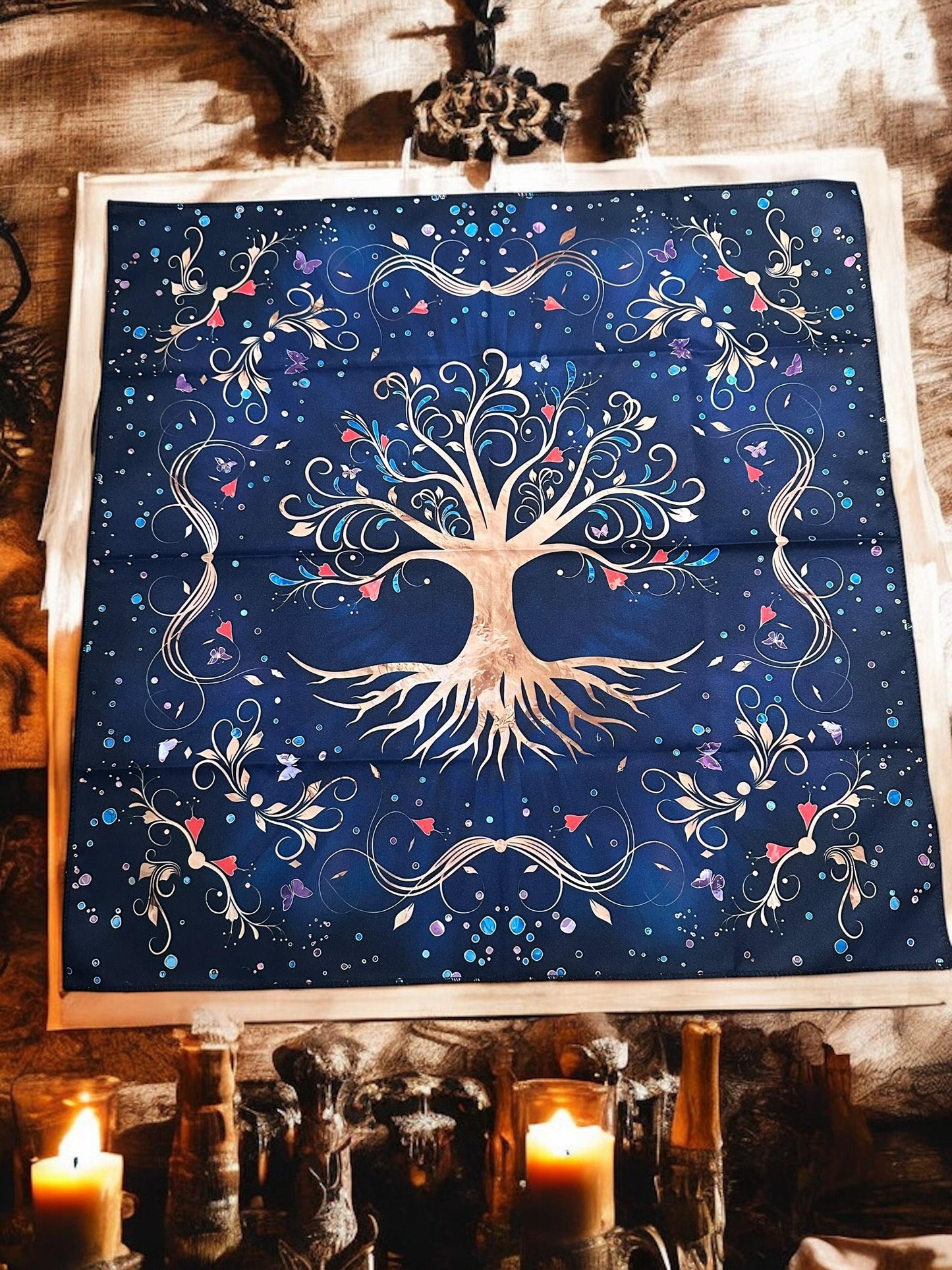 Tree of Life Altar Cloth Blue – Spiritual Decor – Witch Divination Mat - Pagan Alter